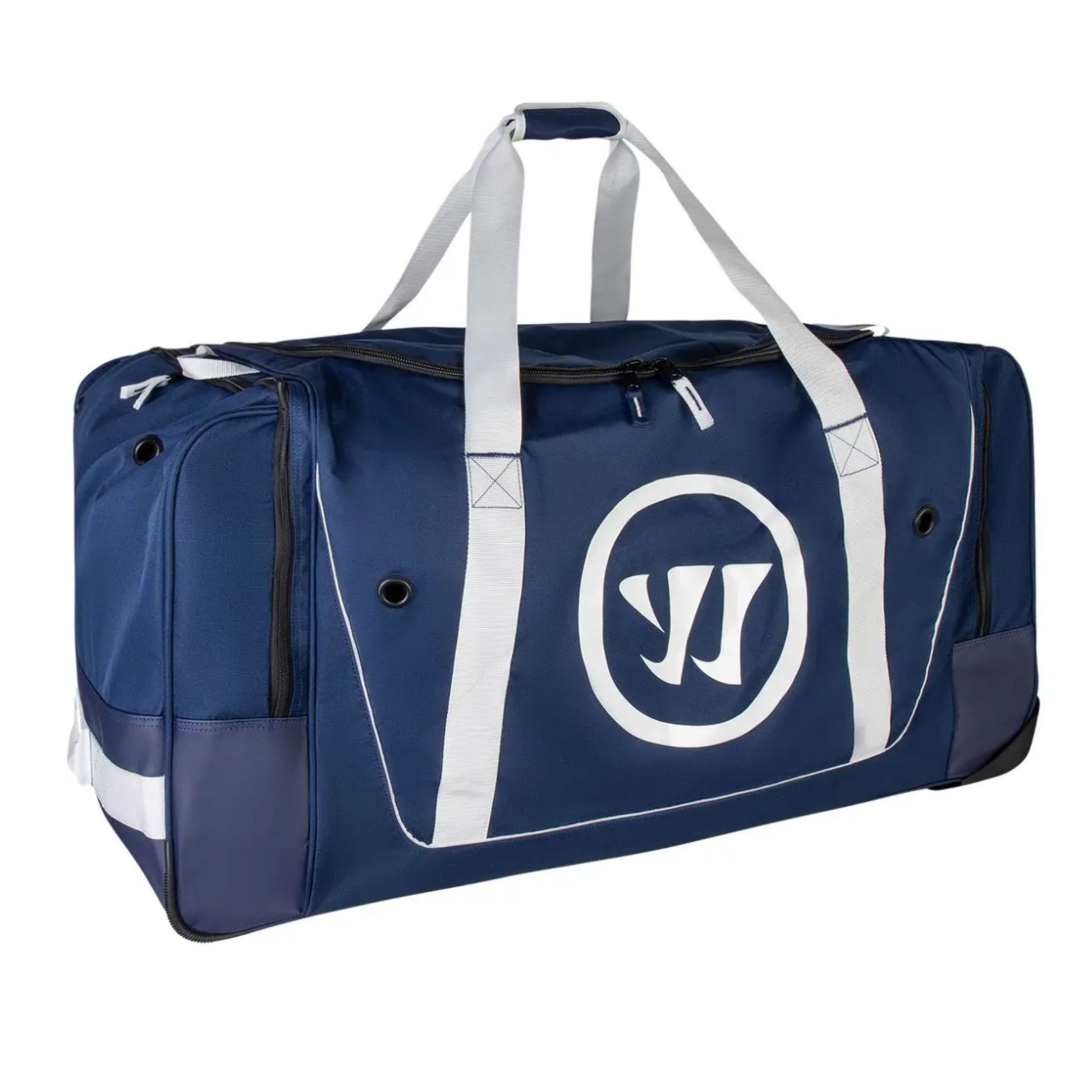 A photo of the Warrior A20 Senior Wheeled Hockey Bag in colour navy with white stripes.