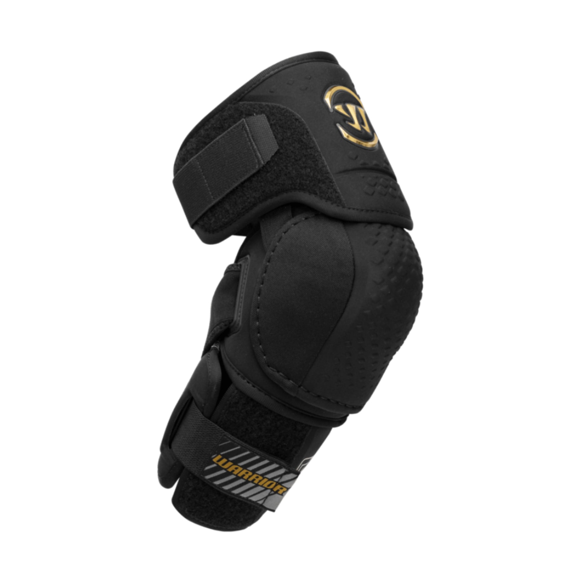 A photo of the Warrior Alpha LT Hockey Elbow Pads (2026) in colour black with gold Warrior logo.