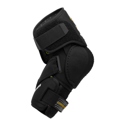 A photo of the Warrior Alpha LT Hockey Elbow Pads (2026) in colour black with gold Warrior logo.