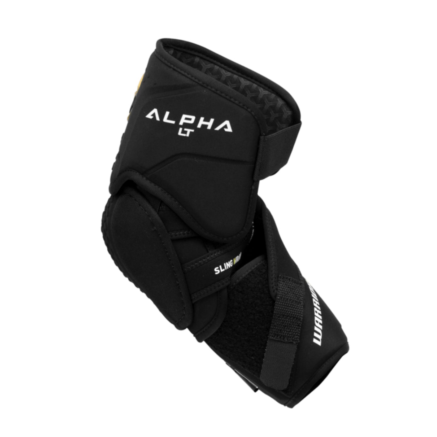 A photo of the Warrior Alpha LT Hockey Elbow Pads (2026) in colour black with gold Warrior logo.