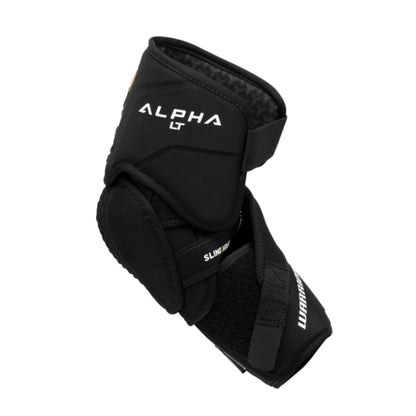A photo of the Warrior Alpha LT Hockey Elbow Pads (2026) in colour black with gold Warrior logo.