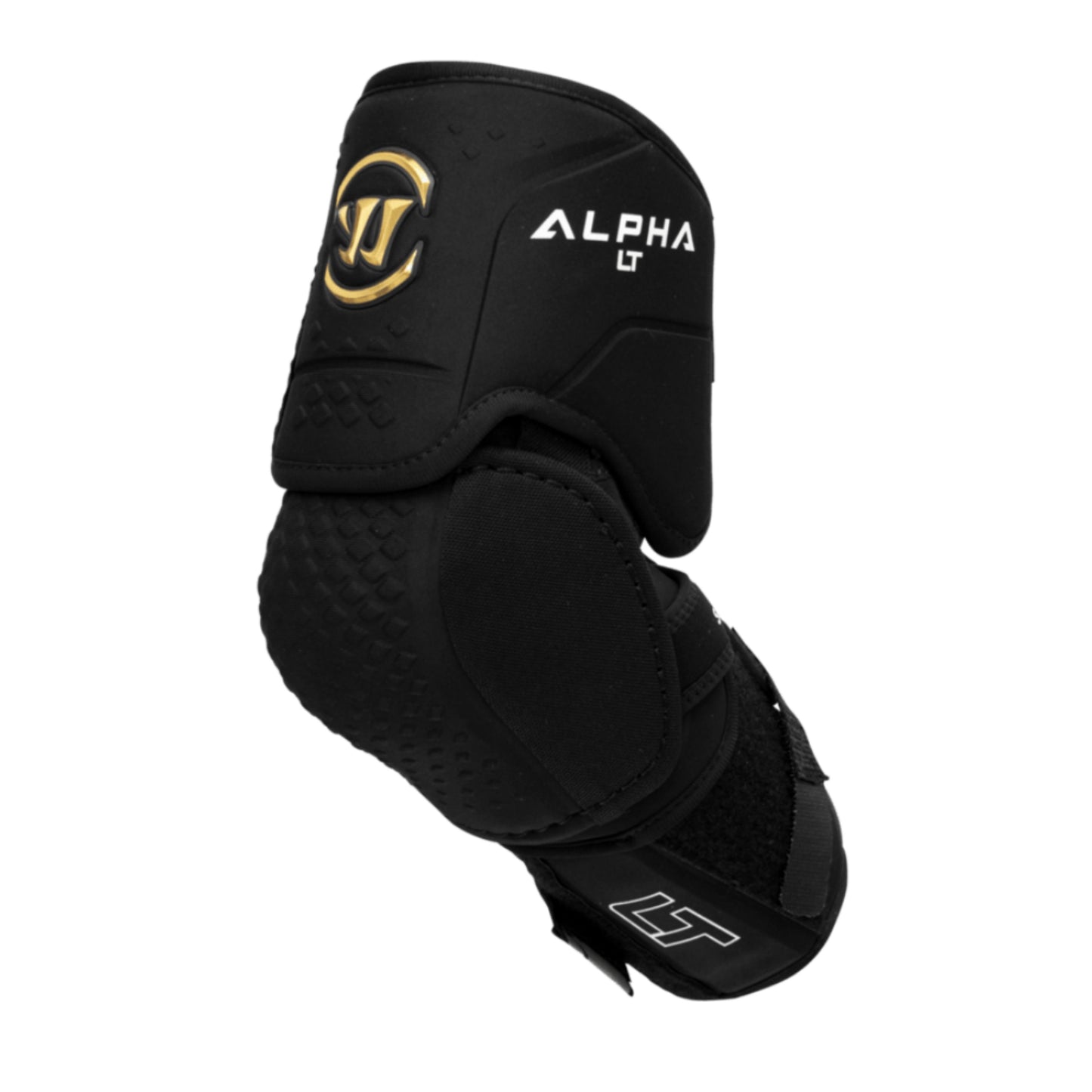 A photo of the Warrior Alpha LT Hockey Elbow Pads (2026) in colour black with gold Warrior logo.