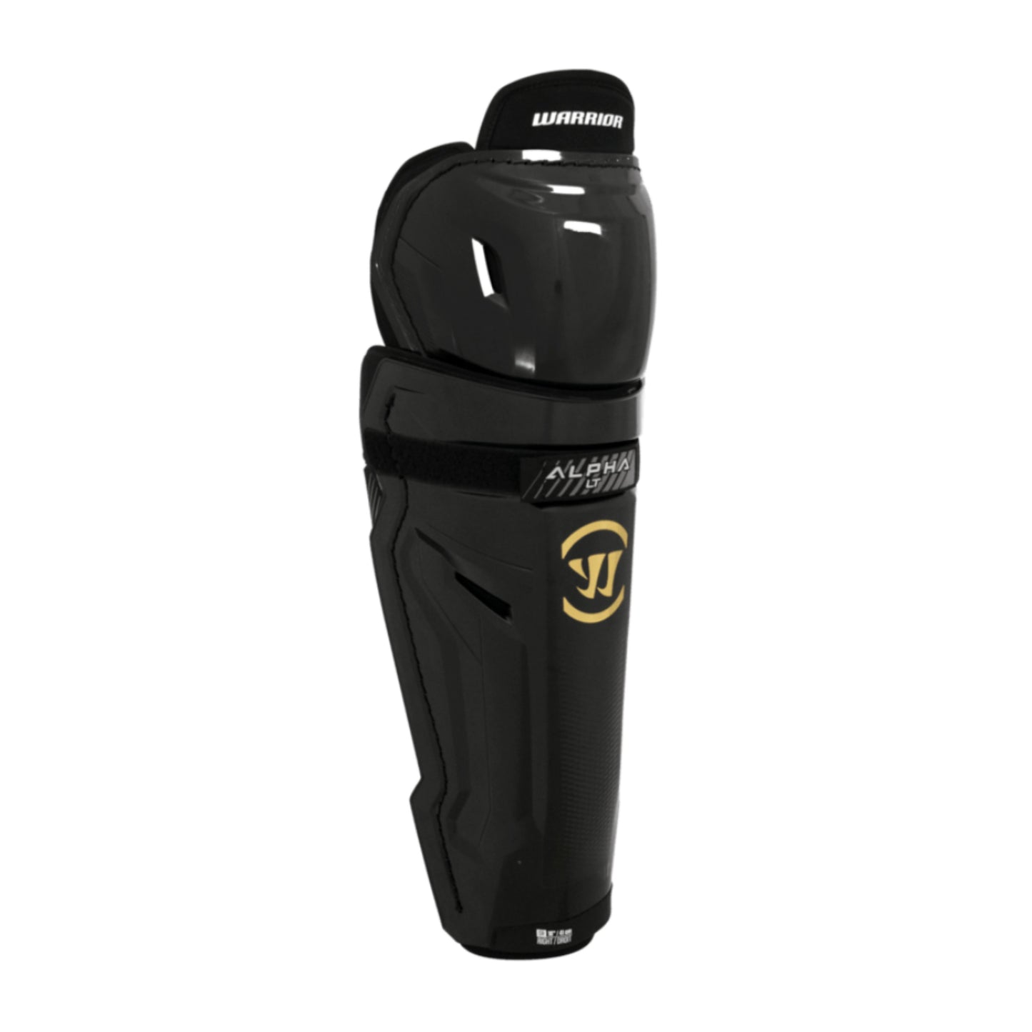 A photo of the Warrior Alpha LT Hockey Shin Guards (2026) in colour black with gold Warrior logo.