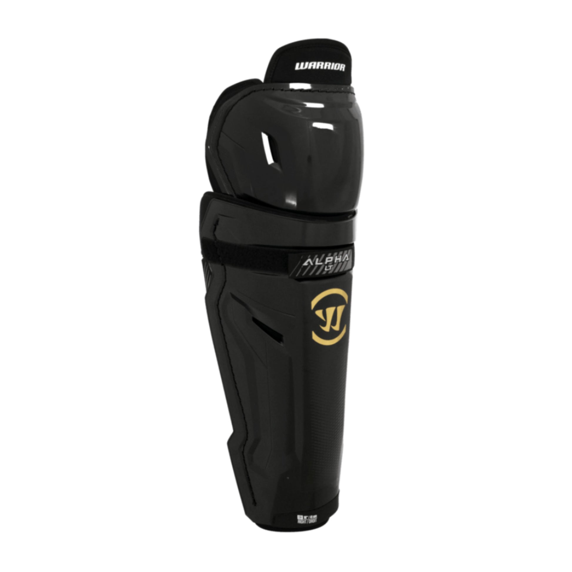 A photo of the Warrior Alpha LT Hockey Shin Guards (2026) in colour black with gold Warrior logo.