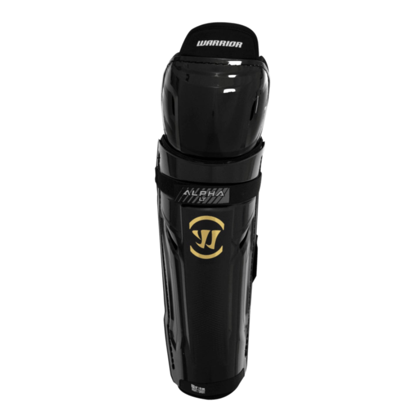 A photo of the Warrior Alpha LT Hockey Shin Guards (2026) in colour black with gold Warrior logo.