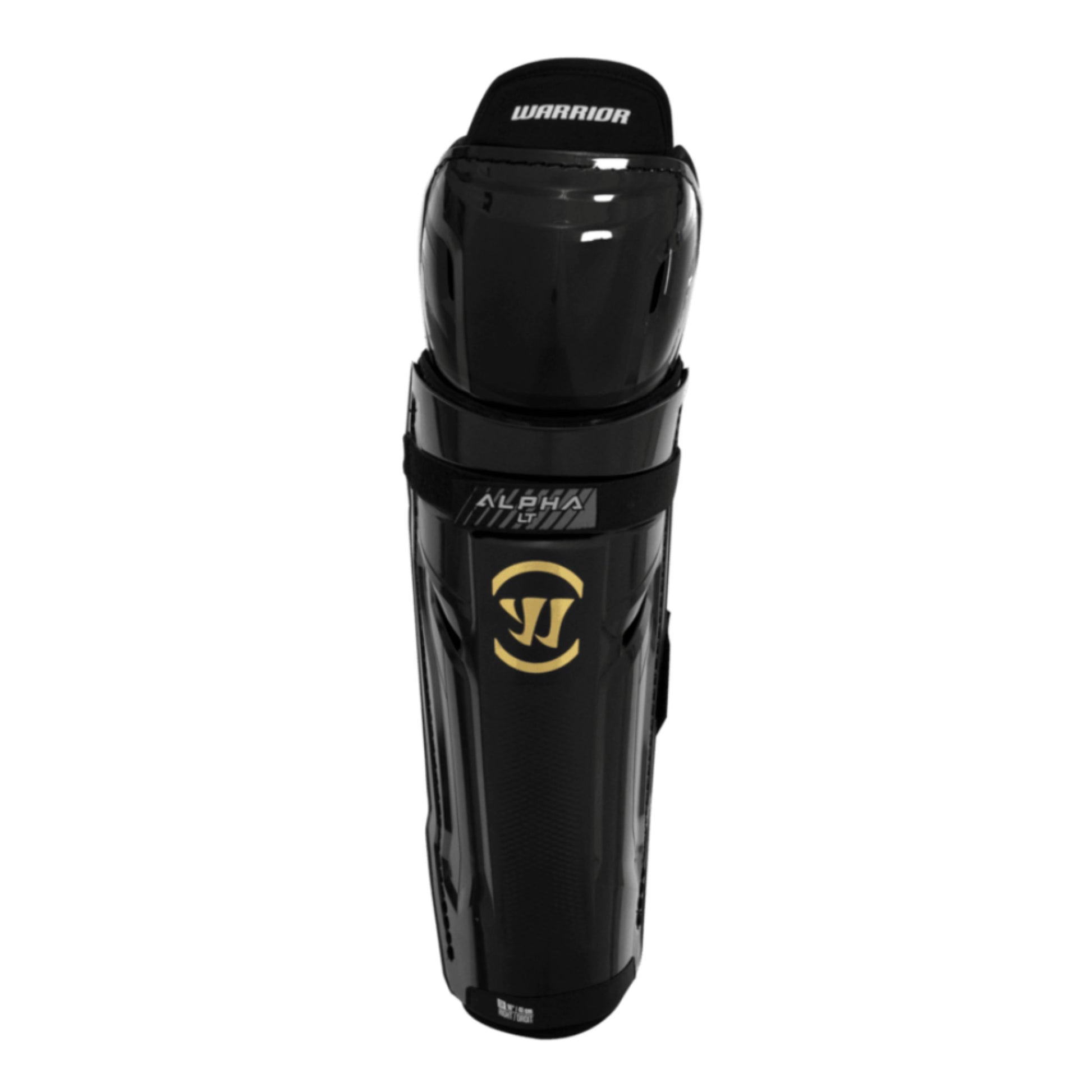 A photo of the Warrior Alpha LT Hockey Shin Guards (2026) in colour black with gold Warrior logo.
