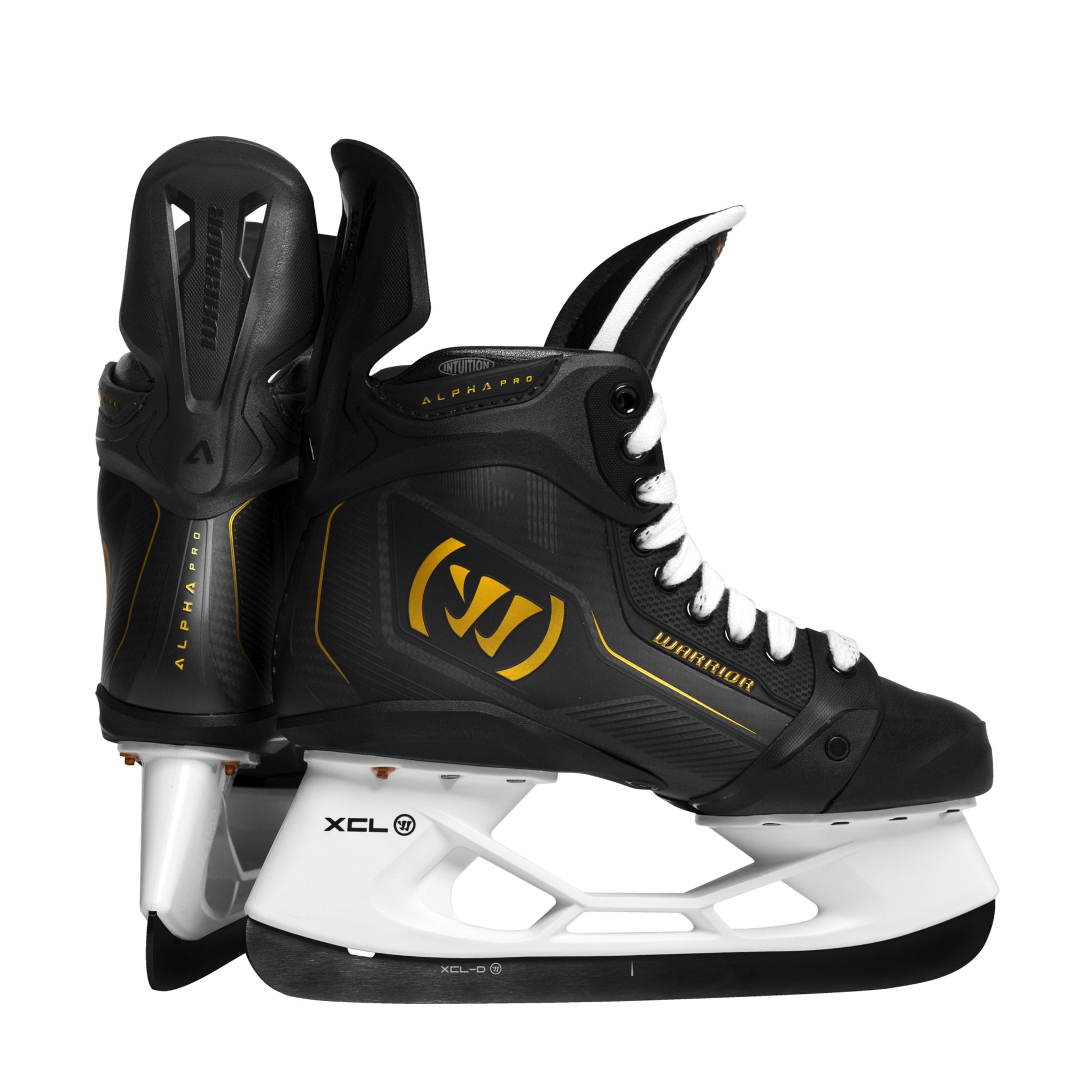 A photo of the Warrior Alpha Pro Hockey Skates in colour black and gold.