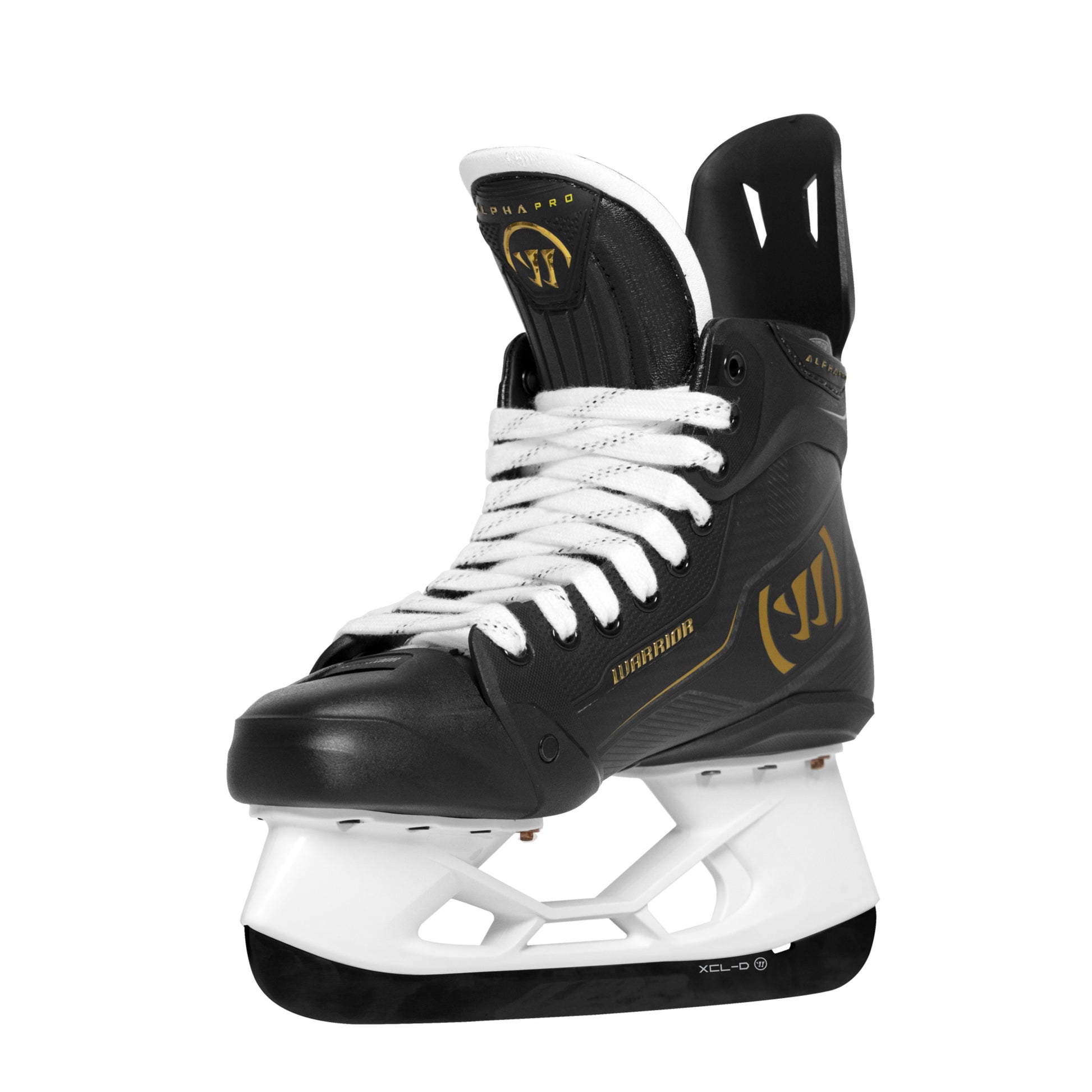 A photo of the Warrior Alpha Pro Hockey Skates in colour black and gold.