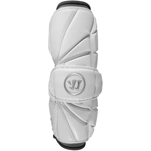 A photo of a Warrior EVO Pro Lacrosse Arm Guard elbow pad in white front view