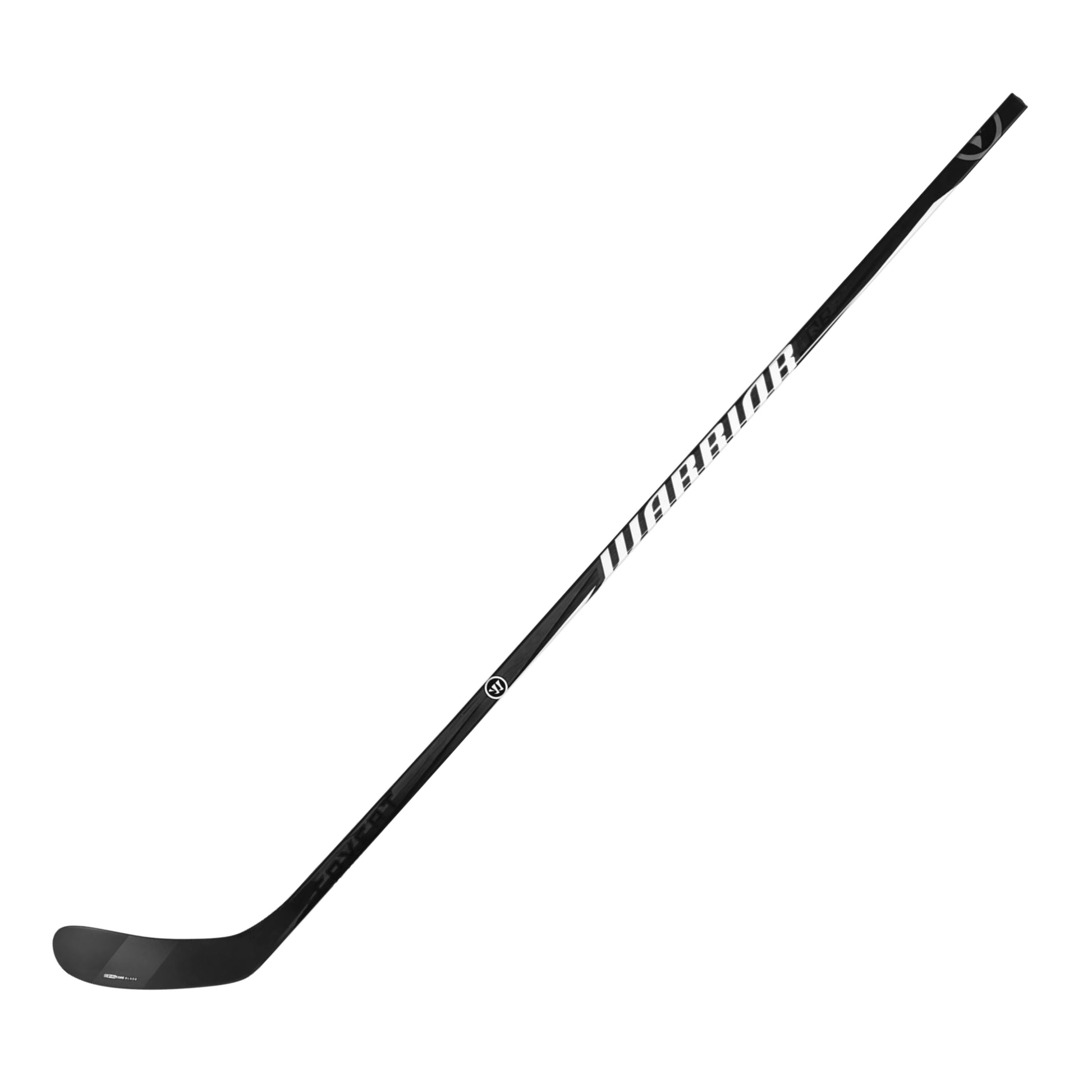 A photo of the Warrior QR7 Rev 75 SR hockey stick in colour black with white Warrior logo.