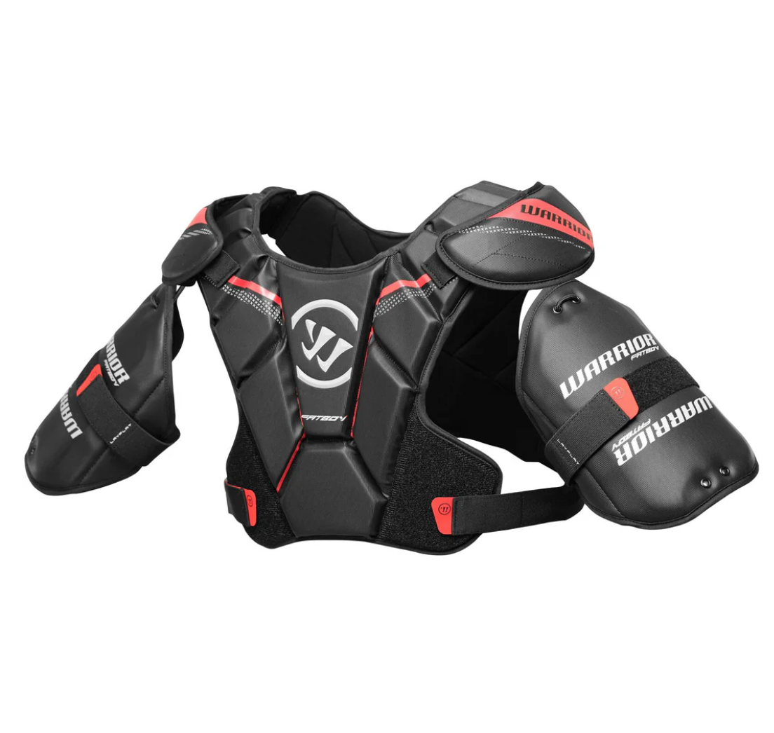 A photo of the Warrior Fatboy Lacrosse Shoulder Pads in colour black and red.
