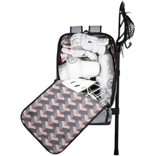 A photo of the Warrior Q10 Jet Pack Max Backpack holding a full lacrosse equipment and stick.