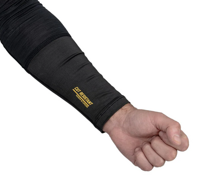 A photo of the Warroad Tilo Pro Stock Neck And Wrist Junior Baselayer in black on a man's wrist.