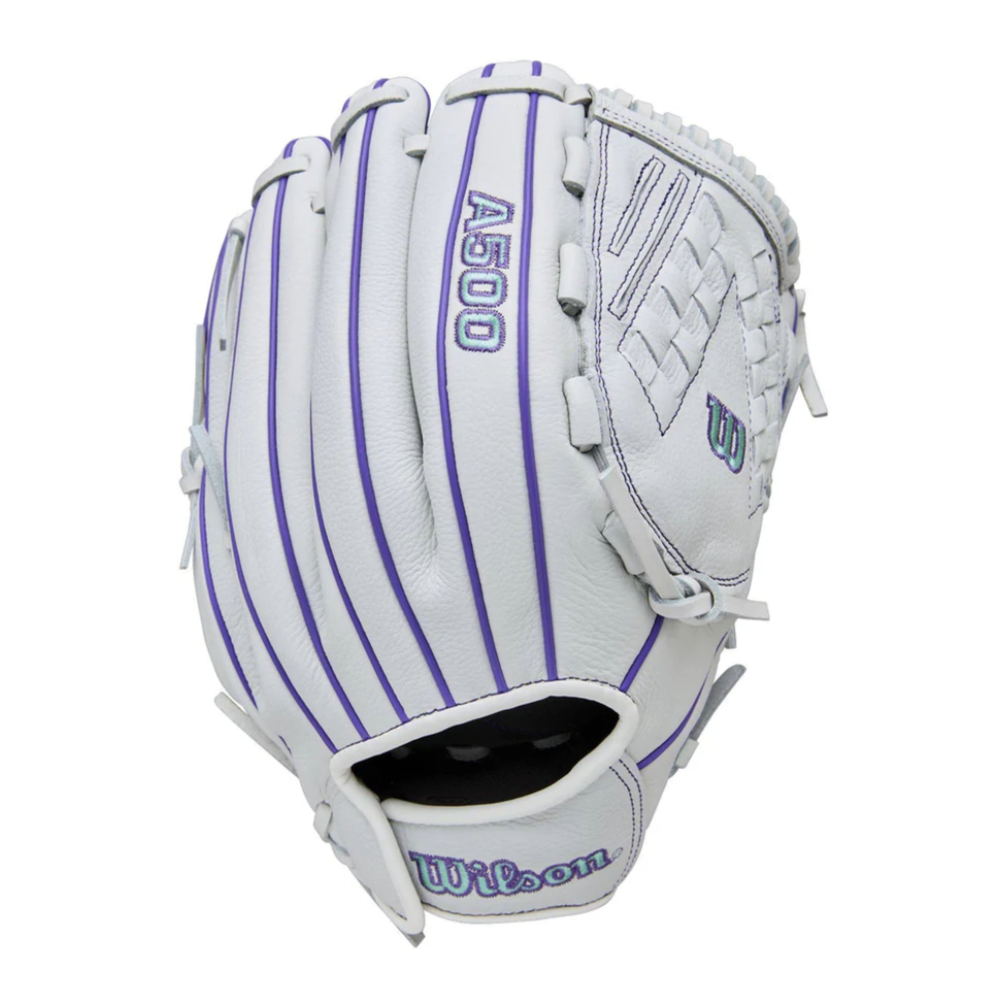 A photo of the Wilson A500 Siren 12.5" Youth Fastpitch Glove in colour white and purple.