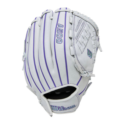 A photo of the Wilson A500 Siren 12.5" Youth Fastpitch Glove in colour white and purple.