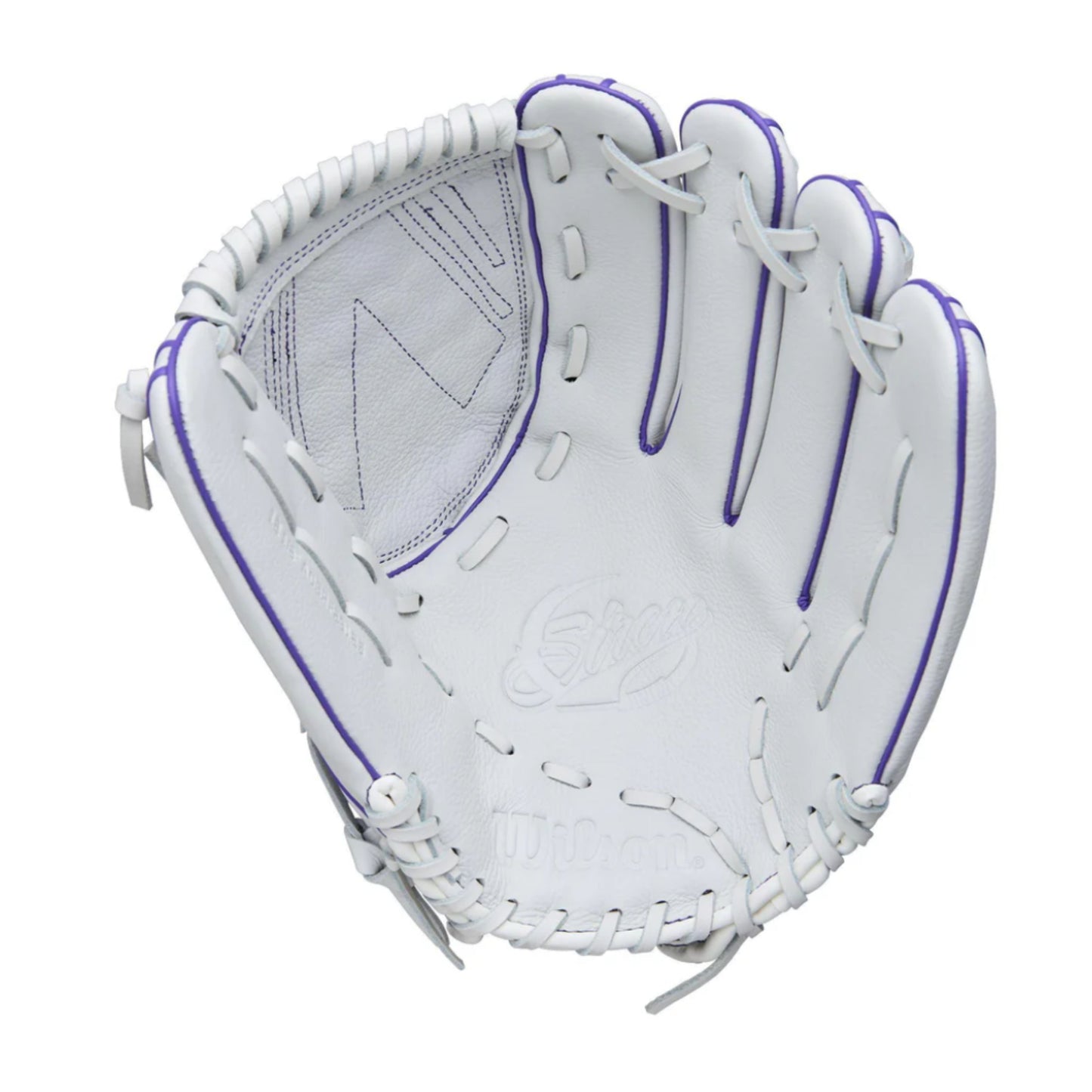 A photo of the Wilson A500 Siren 12.5" Youth Fastpitch Glove in colour white and purple.