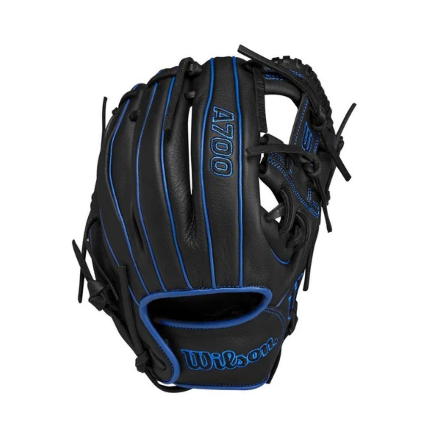 A photo of the Wilson A700 11.25" Dual Post Baseball Glove in colour black and blue.