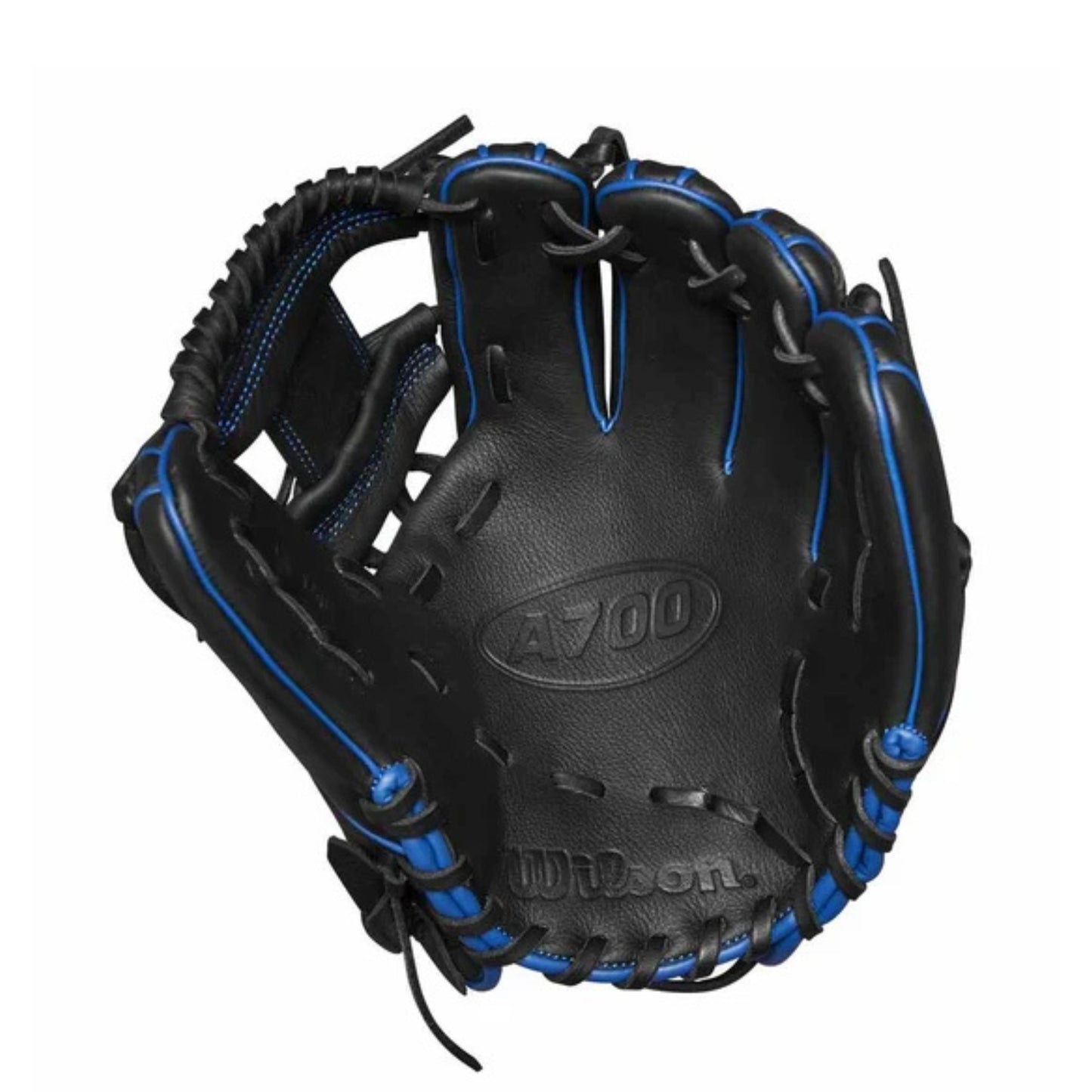 A photo of the Wilson A700 11.25" Dual Post Baseball Glove in colour black and blue.