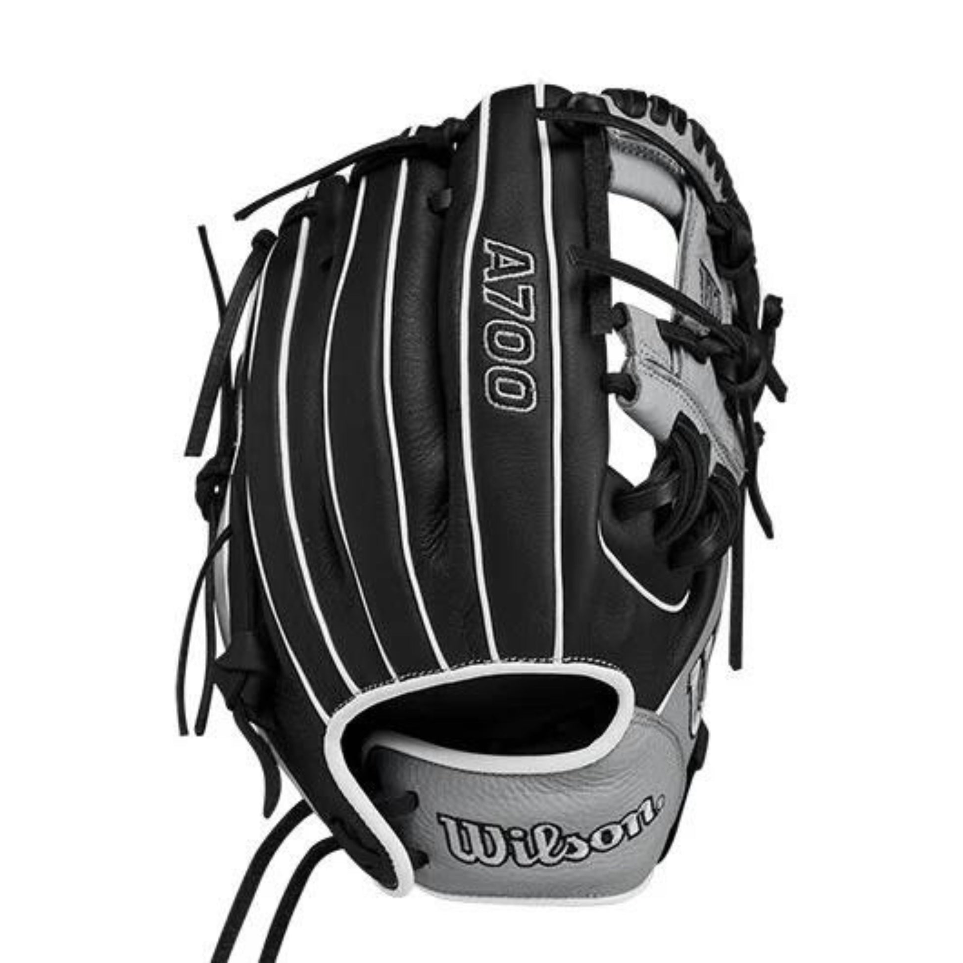 A photo of the Wilson A700 11.5" Dual Post Baseball Glove in colour black and grey.