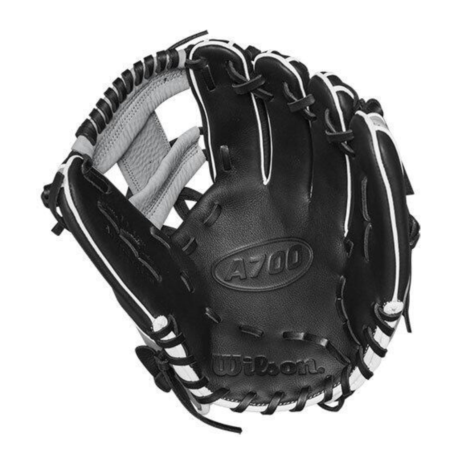 A photo of the Wilson A700 11.5" Dual Post Baseball Glove in colour black and grey.