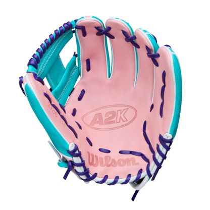 A photo of the Wilson Winter 2025 A2K 1786 11.5" Infield Baseball Glove in colour pink, sky blue, and purple.