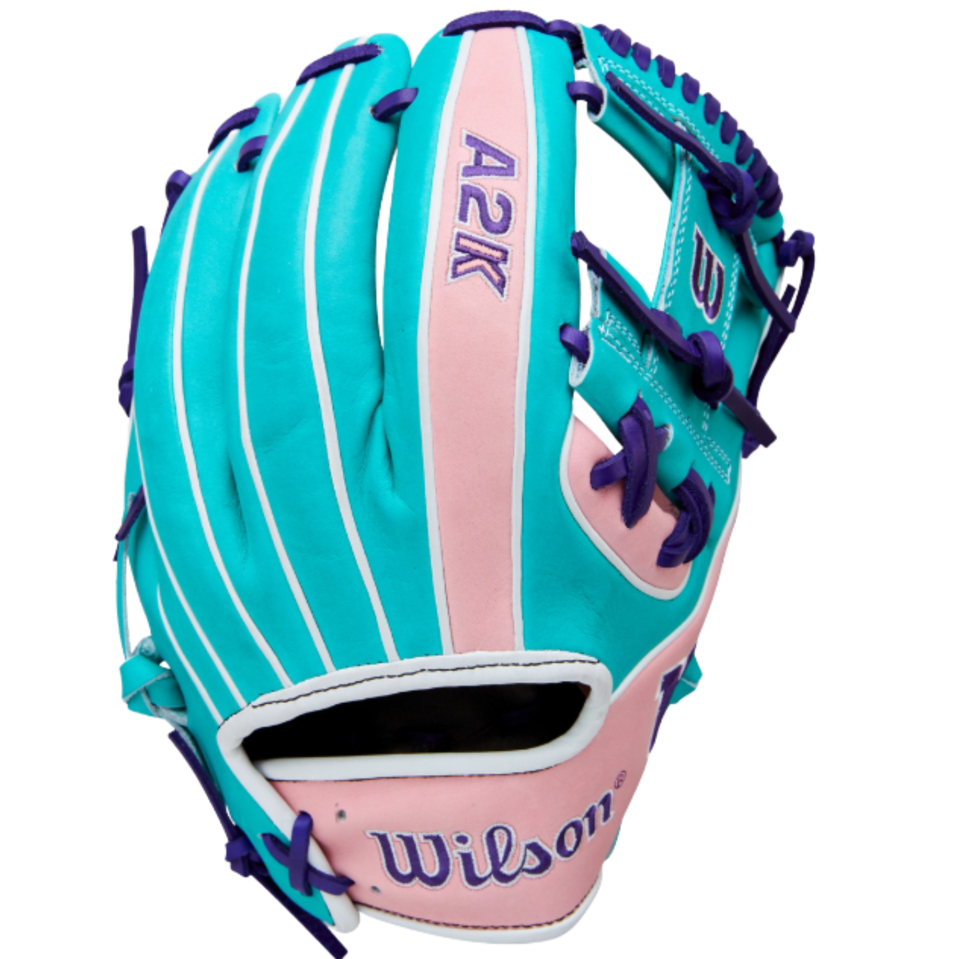 A photo of the Wilson Winter 2025 A2K 1786 11.5" Infield Baseball Glove in colour pink, sky blue, and purple.
