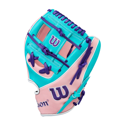 A photo of the Wilson Winter 2025 A2K 1786 11.5" Infield Baseball Glove in colour pink, sky blue, and purple.