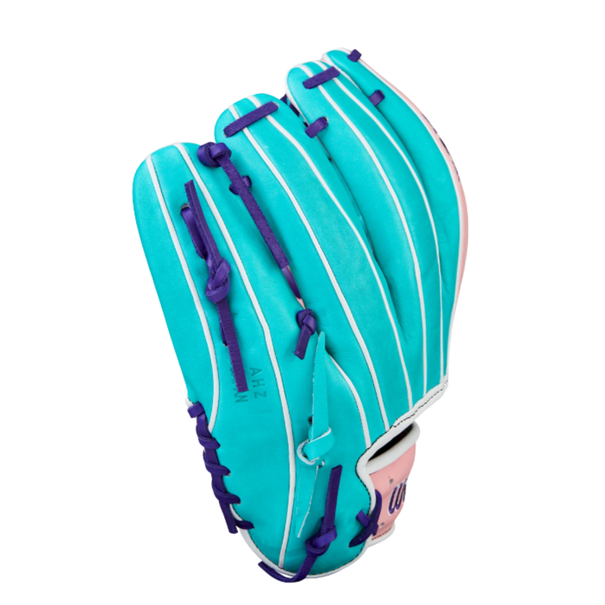A photo of the Wilson Winter 2025 A2K 1786 11.5" Infield Baseball Glove in colour pink, sky blue, and purple.