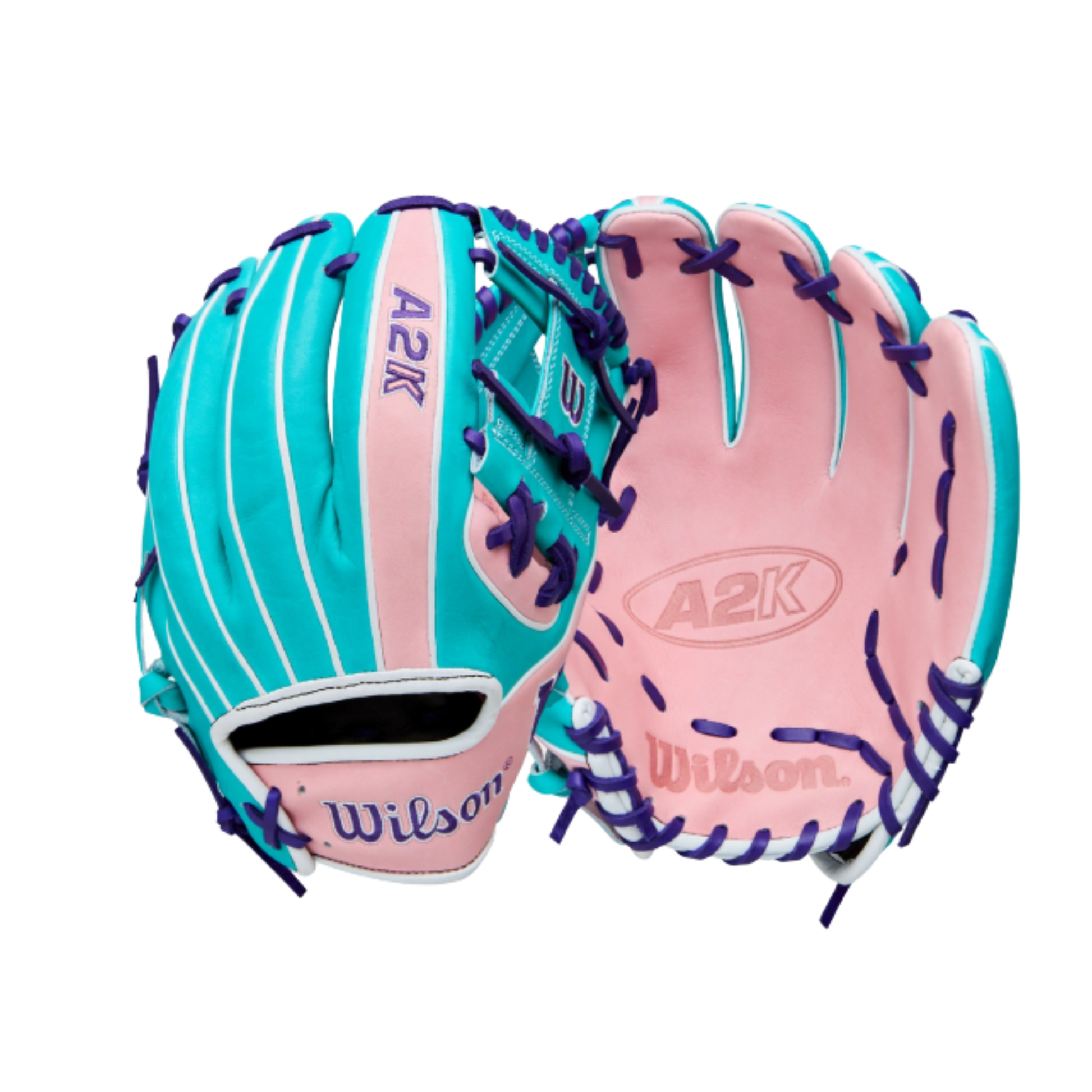 A photo of the Wilson Winter 2025 A2K 1786 11.5" Infield Baseball Glove in colour pink, sky blue, and purple.
