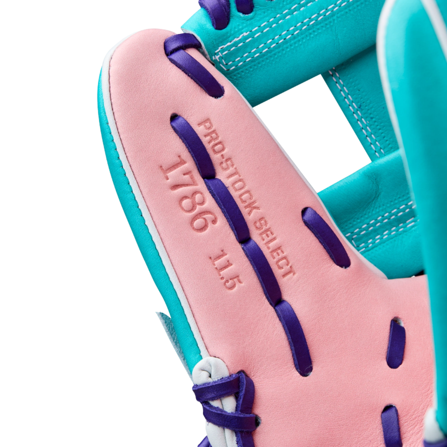A photo of the Wilson Winter 2025 A2K 1786 11.5" Infield Baseball Glove in colour pink, sky blue, and purple.