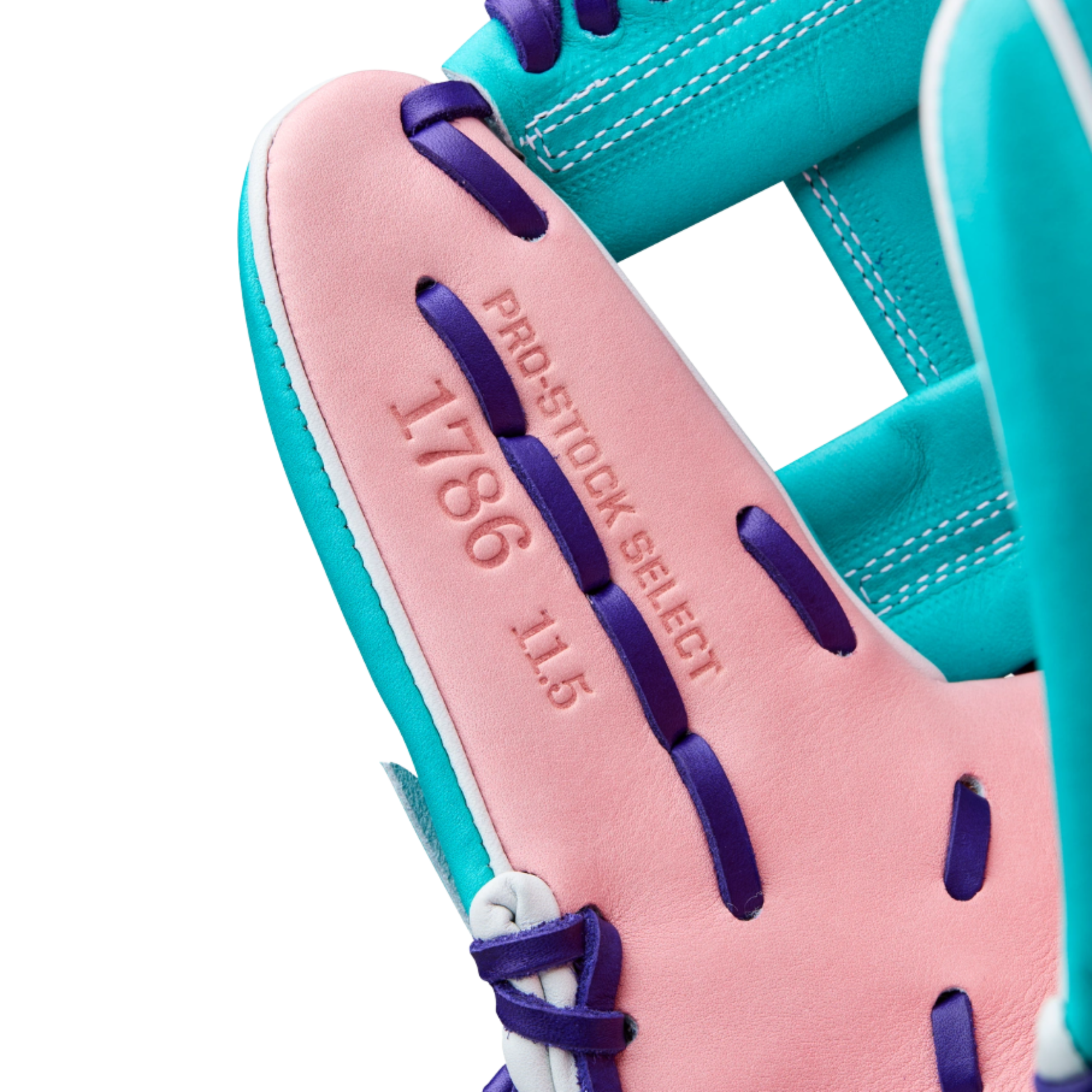 A photo of the Wilson Winter 2025 A2K 1786 11.5" Infield Baseball Glove in colour pink, sky blue, and purple.