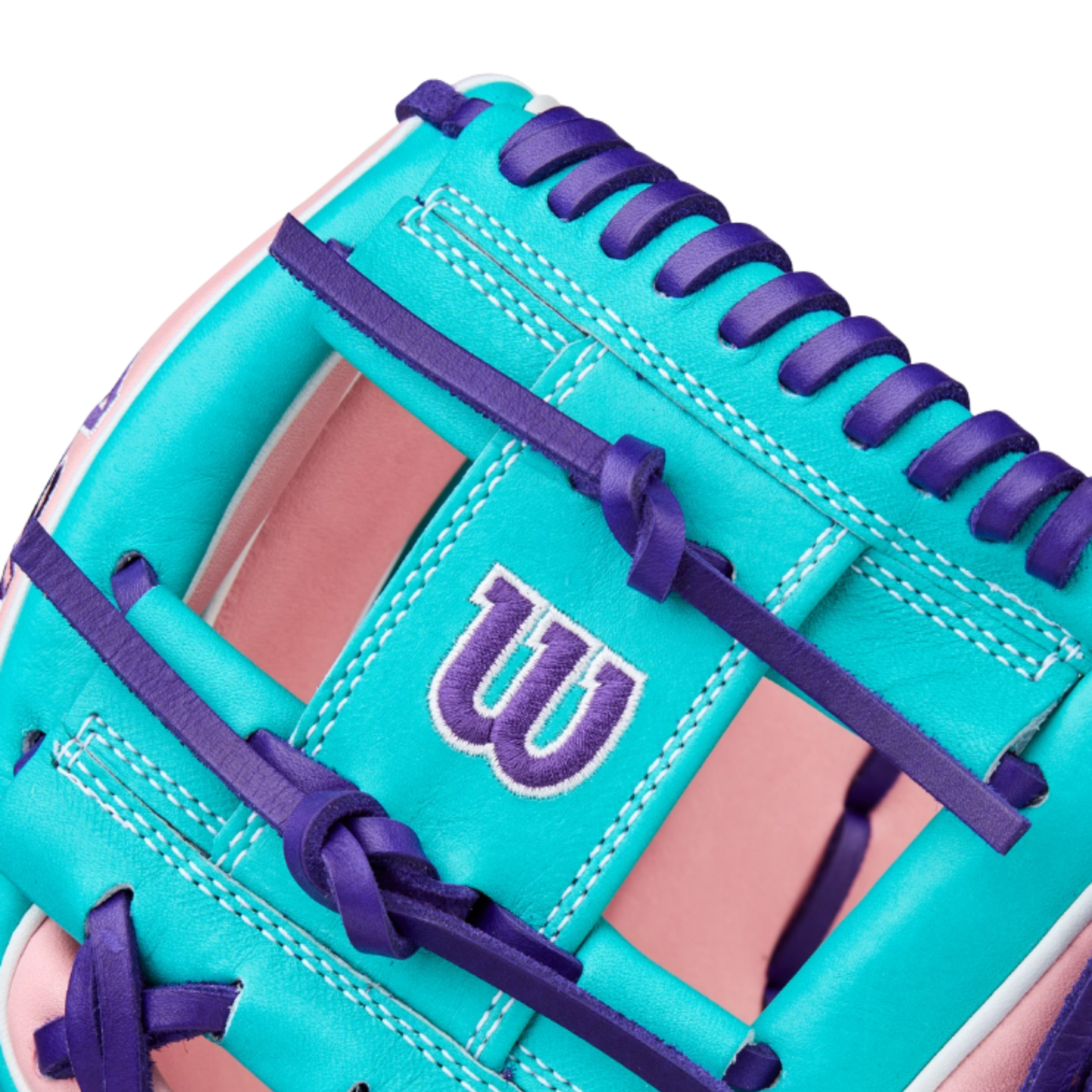 A photo of the Wilson Winter 2025 A2K 1786 11.5" Infield Baseball Glove in colour pink, sky blue, and purple.