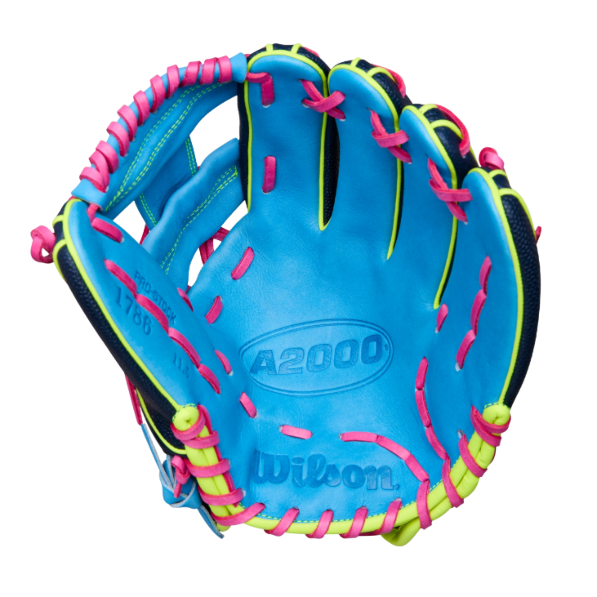 A photo of the Wilson Winter 2025 A2000® 1786SS 11.5" Infield Baseball Glove in colour black, green, light blue and pink.