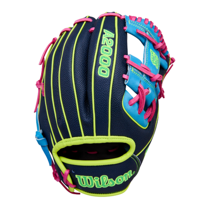 A photo of the Wilson Winter 2025 A2000® 1786SS 11.5" Infield Baseball Glove in colour black, green, light blue and pink.