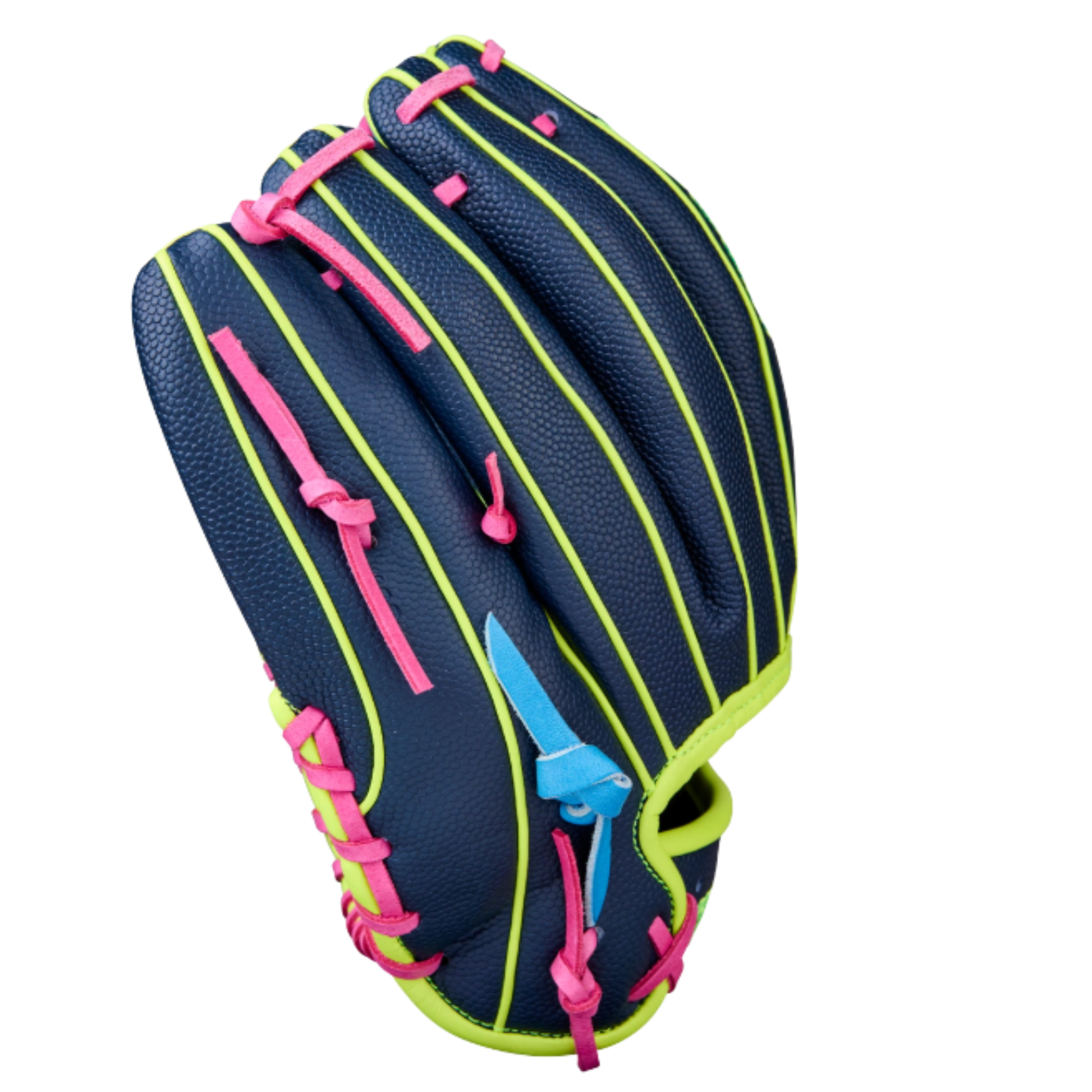 A photo of the Wilson Winter 2025 A2000® 1786SS 11.5" Infield Baseball Glove in colour black, green, light blue and pink.
