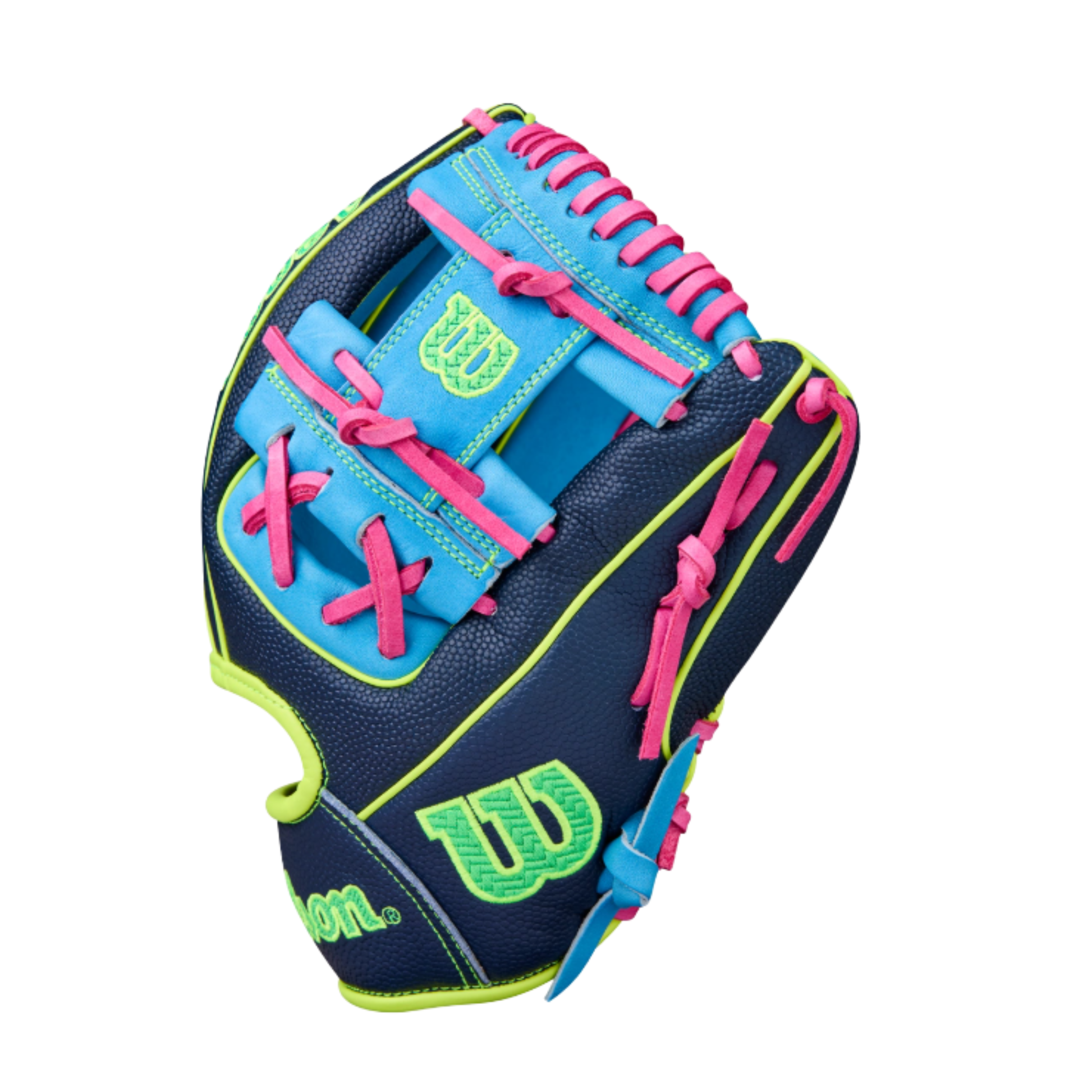 A photo of the Wilson Winter 2025 A2000® 1786SS 11.5" Infield Baseball Glove in colour black, green, light blue and pink.