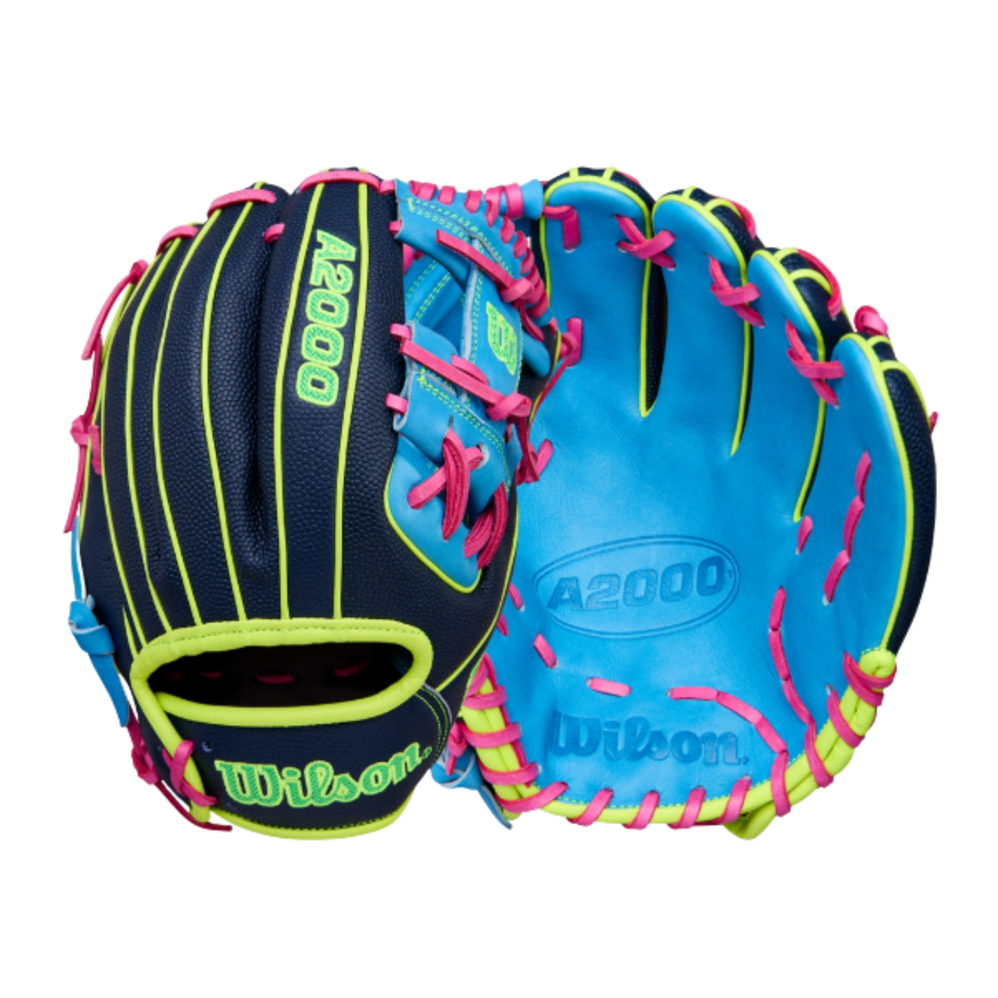 A photo of the Wilson Winter 2025 A2000® 1786SS 11.5" Infield Baseball Glove in colour black, green, light blue and pink.