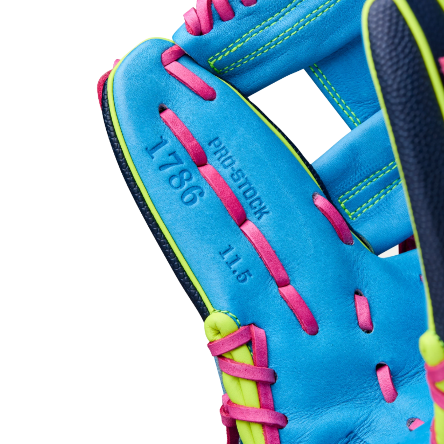 A photo of the Wilson Winter 2025 A2000® 1786SS 11.5" Infield Baseball Glove in colour black, green, light blue and pink.