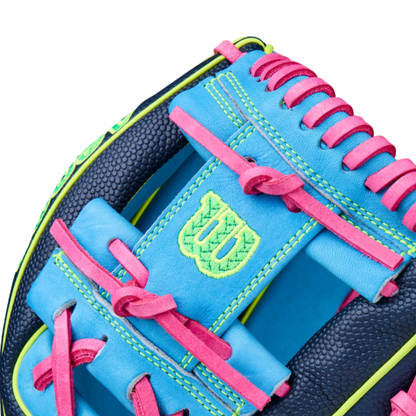 A photo of the Wilson Winter 2025 A2000® 1786SS 11.5" Infield Baseball Glove in colour black, green, light blue and pink.