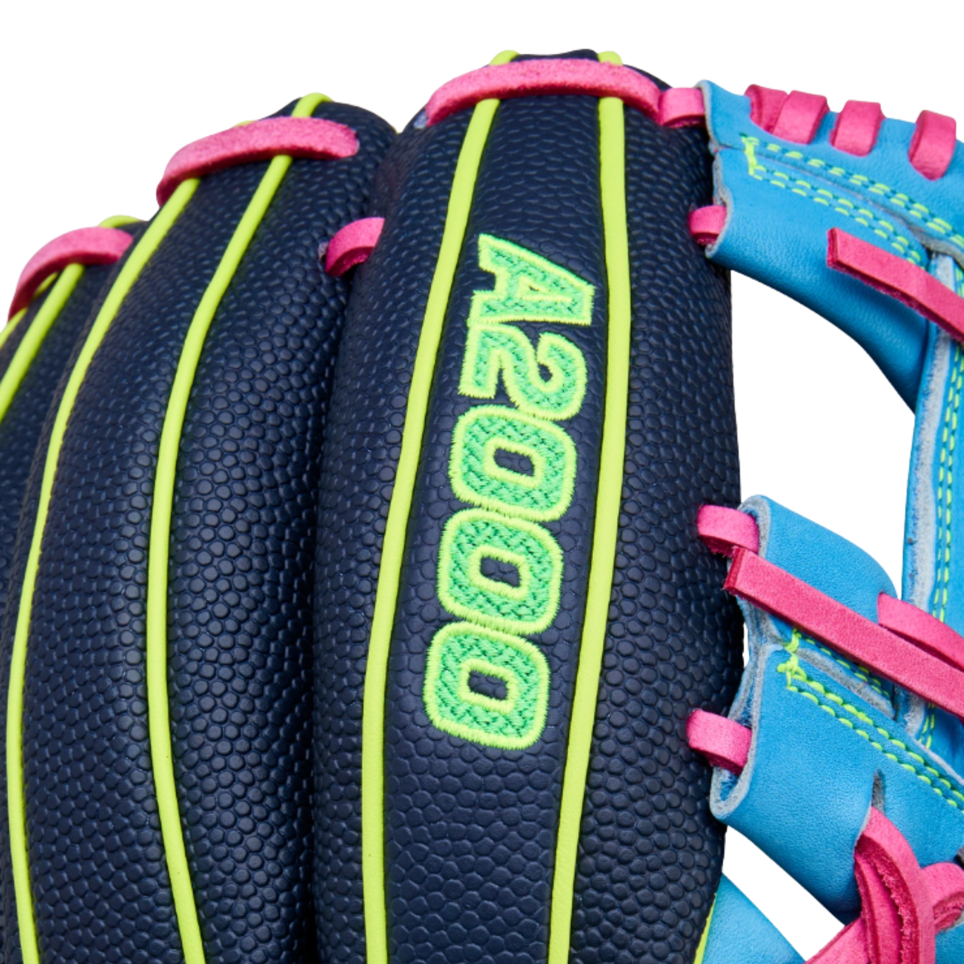 A photo of the Wilson Winter 2025 A2000® 1786SS 11.5" Infield Baseball Glove in colour black, green, light blue and pink.
