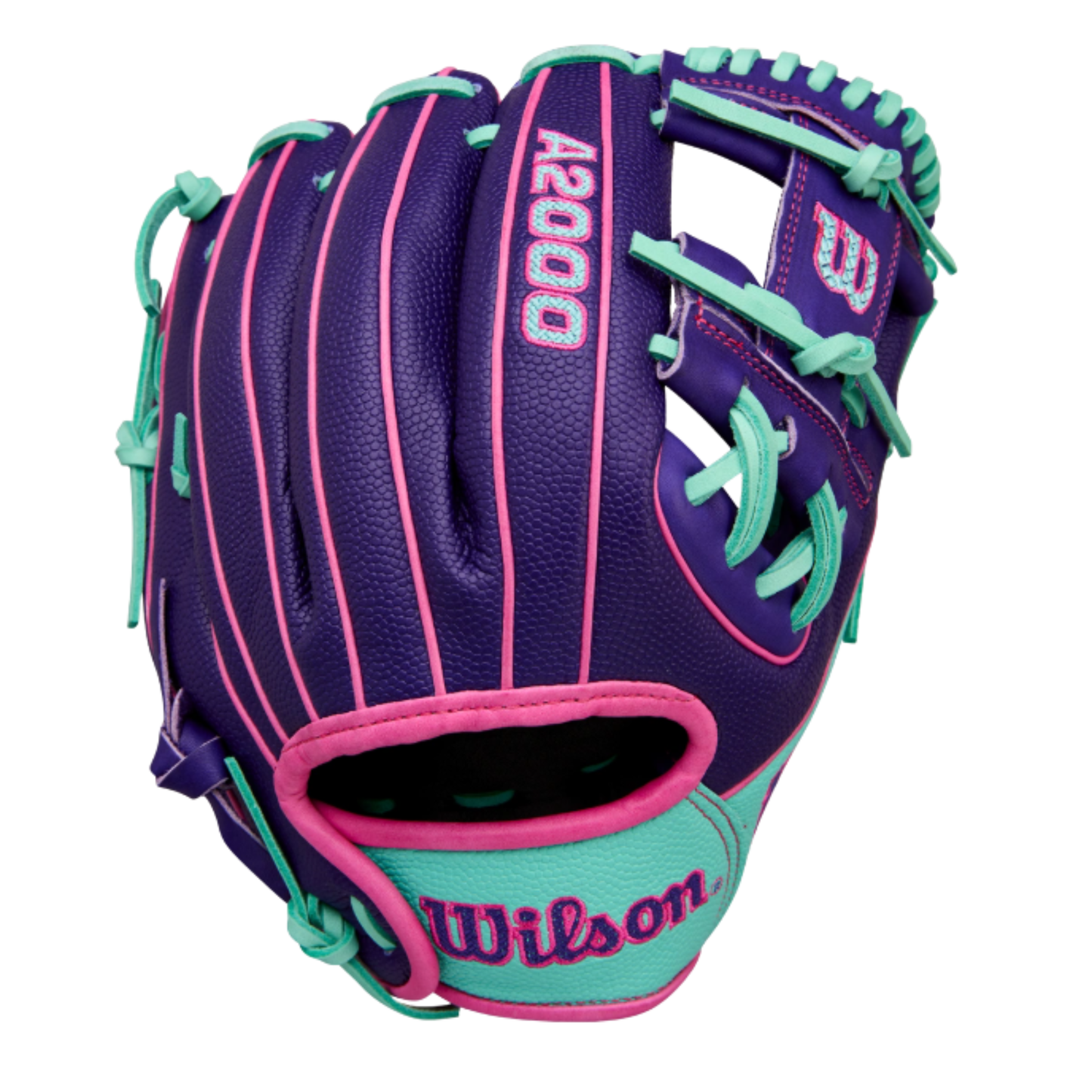 A photo of the Wilson Winter 2025 A2000® DP15SS 11.5" Infield Baseball Glove in colour purple, teal and pink.