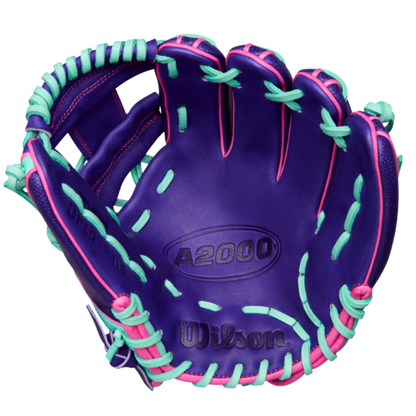 A photo of the Wilson Winter 2025 A2000® DP15SS 11.5" Infield Baseball Glove in colour purple, teal and pink.