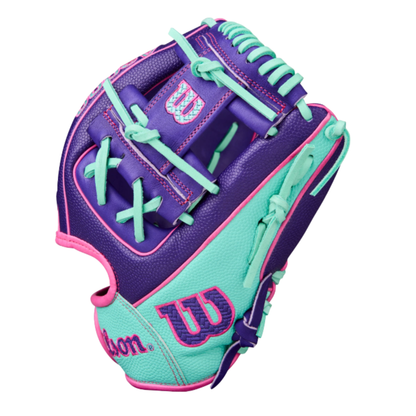 A photo of the Wilson Winter 2025 A2000® DP15SS 11.5" Infield Baseball Glove in colour purple, teal and pink.