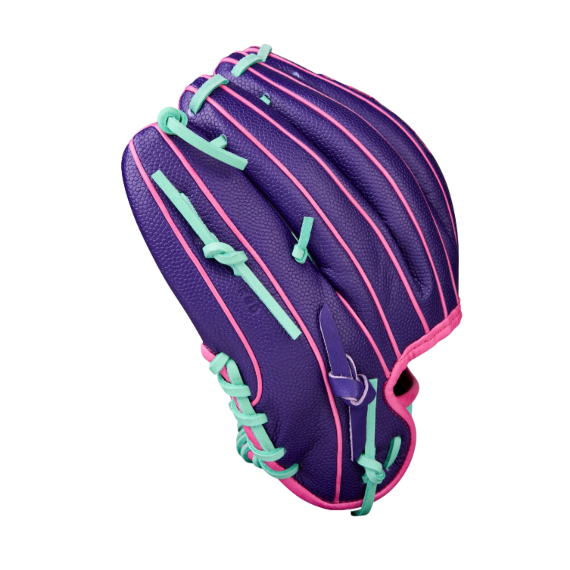 A photo of the Wilson Winter 2025 A2000® DP15SS 11.5" Infield Baseball Glove in colour purple, teal and pink.