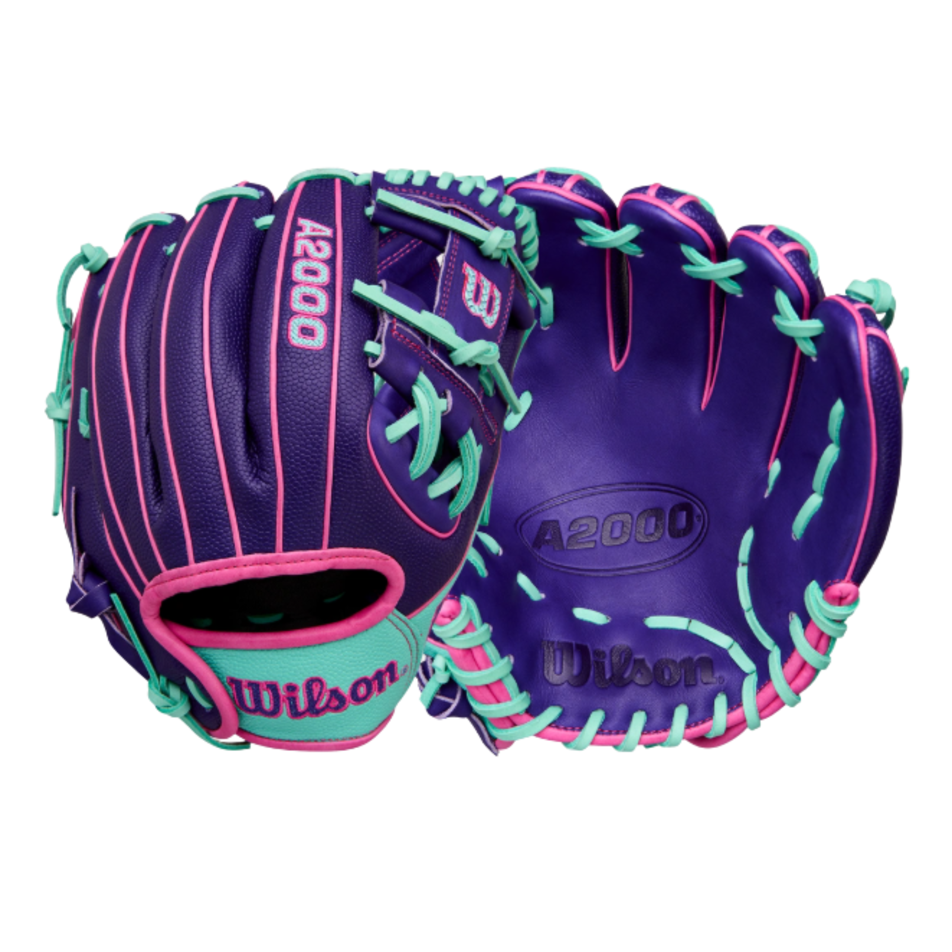 A photo of the Wilson Winter 2025 A2000® DP15SS 11.5" Infield Baseball Glove in colour purple, teal and pink.