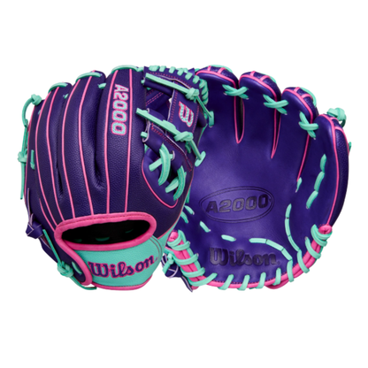 A photo of the Wilson Winter 2025 A2000® DP15SS 11.5" Infield Baseball Glove in colour purple, teal and pink.
