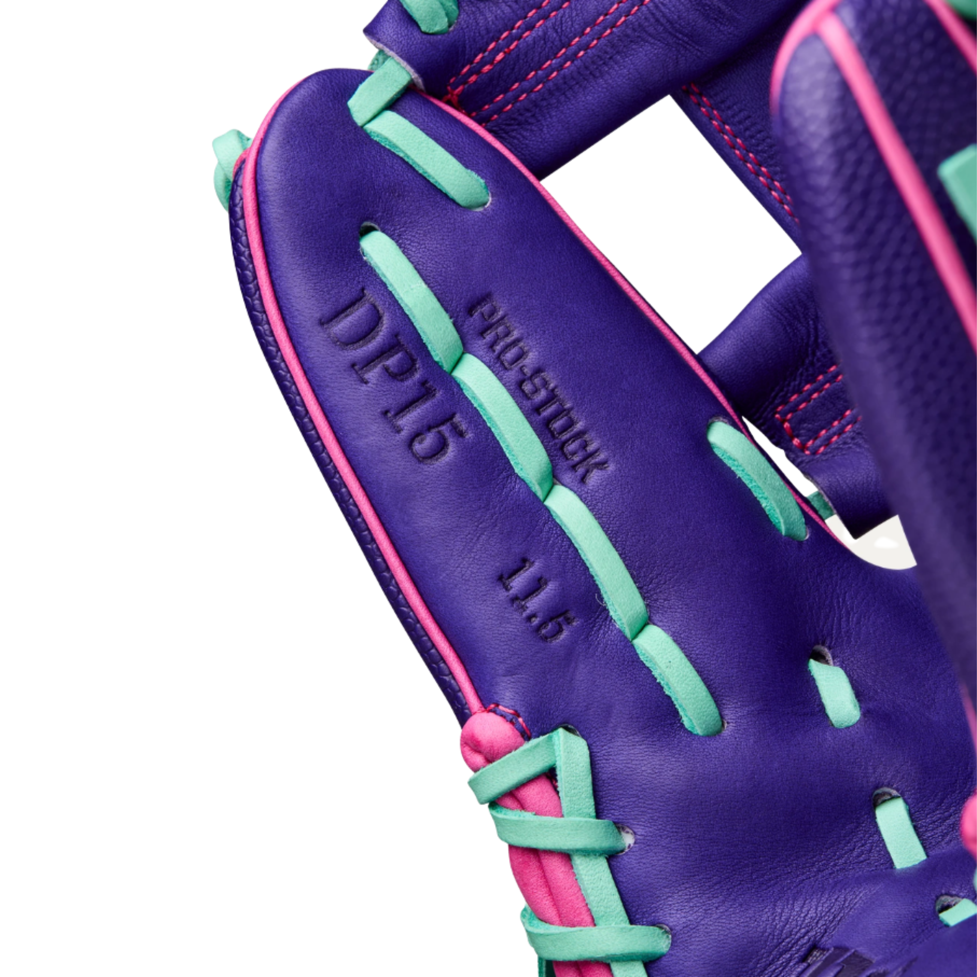 A photo of the Wilson Winter 2025 A2000® DP15SS 11.5" Infield Baseball Glove in colour purple, teal and pink.