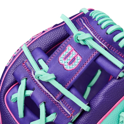 A photo of the Wilson Winter 2025 A2000® DP15SS 11.5" Infield Baseball Glove in colour purple, teal and pink.