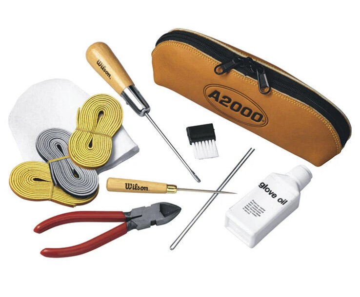 A photo of the Wilson A2000 Glove Care Kit with tools.