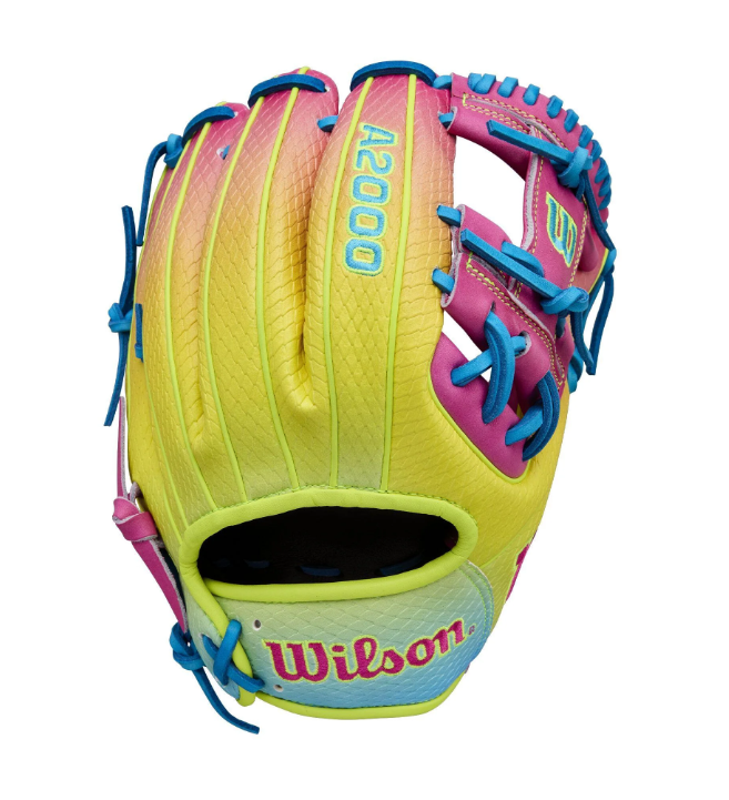 A photo of the Wilson Fall 2025 A2000 1786SS 11.5" Infield Baseball Glove in colour pink and yellow.